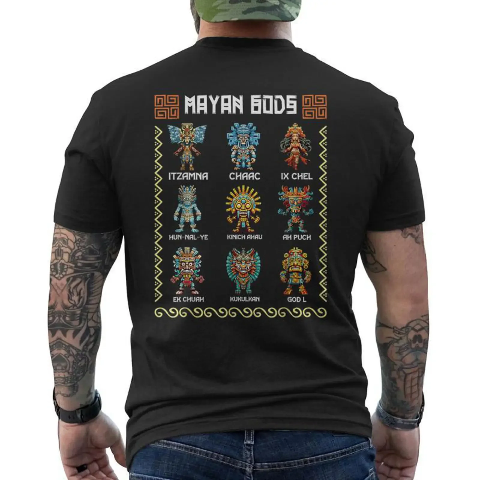 Ancient Mayan Gods Aztec Civilization Mythology Deities Men's Back Print T Shirt Monsterry vintage Washed Top For Everyday Wear