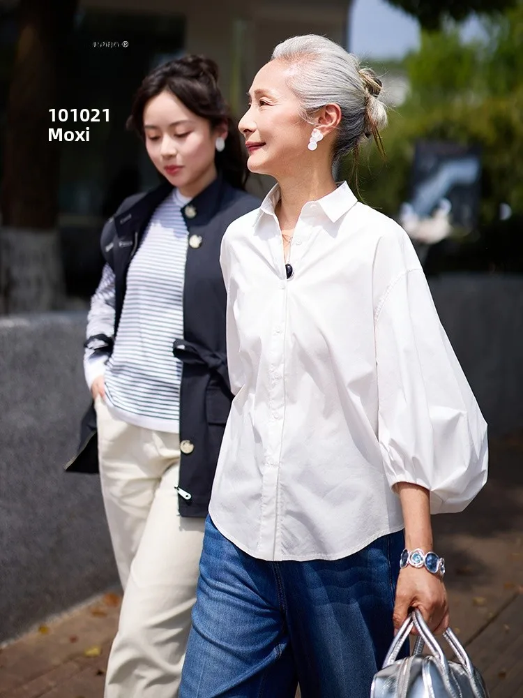 

Muzhi Mom Summer Fashion Shirt Bubble Sleeve Short Sleeve Middle-Aged Women's Spring White Shirt Middle-Aged Short Sleeve T-S...