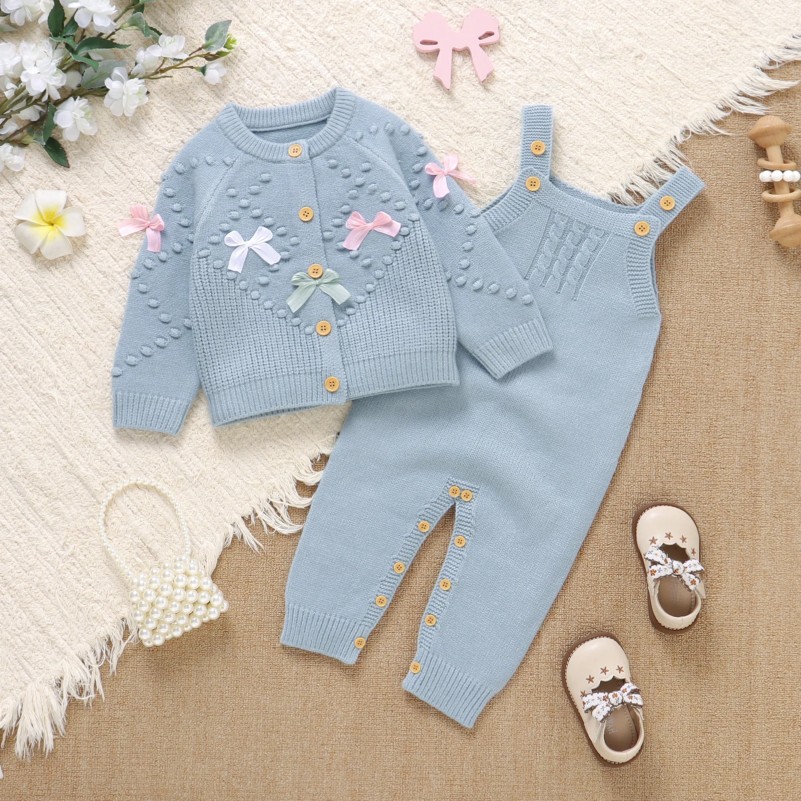 Baby Clothes Set Knit Newborn Girl Boy Cardigan Romper 0-18M Cute Bow Infant Sweater Long Sleeve Jumpsuit Fashion 2PCS Outerwear