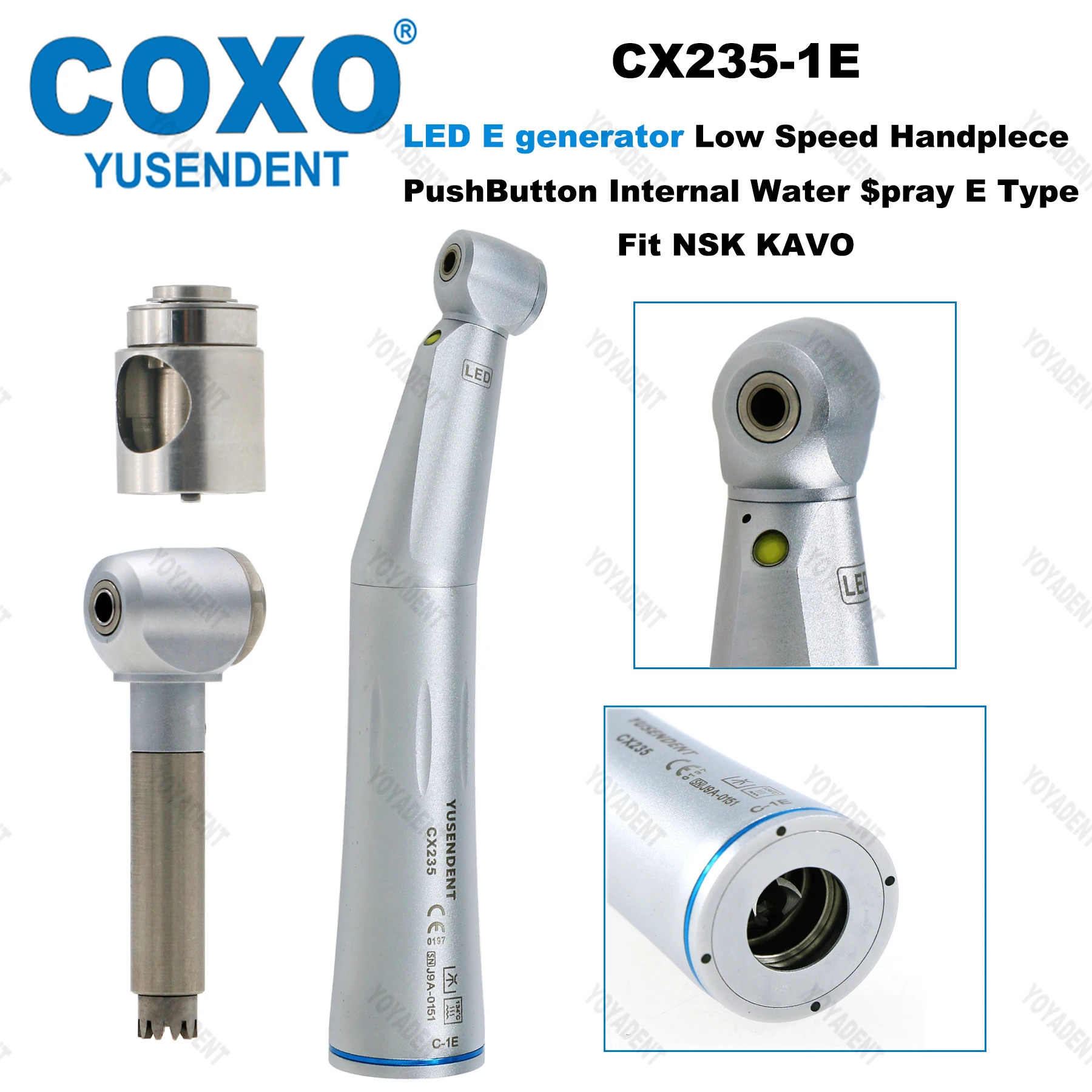 

COXO YUSENDENT Dental LED Low Speed Handpiece 1:1 E Generator Contra Angle Handpiece Internal Water Spray Handpiece Fit NSK KAVO