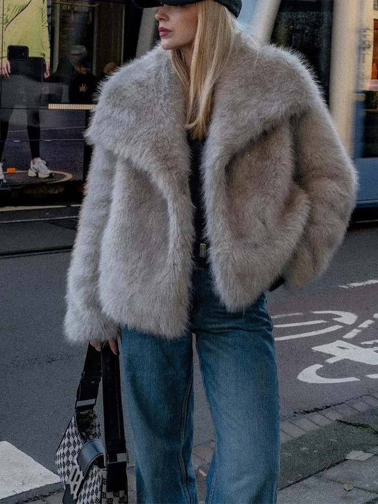 

HH Women Vintage Faux Fur Solid Cropped Coat 2024 Long Sleeve Single Breasted Turn-Down Collar Thick Short Chic Streetwear