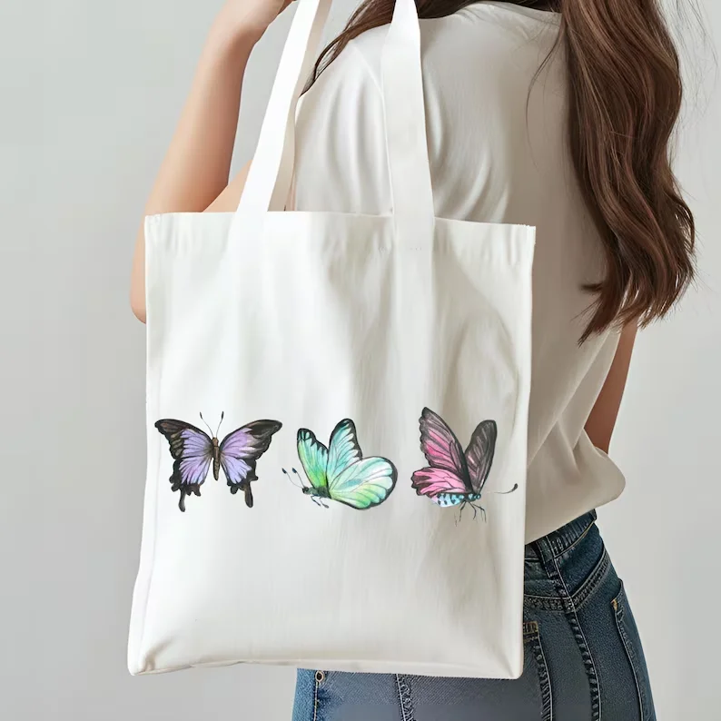 

Сумка-тоут с пастельными бабочками, милая холщовая эстетичная сумка-тоут, подарок для нее в стиле коттеджкор, акварельный рисунок, многоразовая сумка, милая сумка-тоут