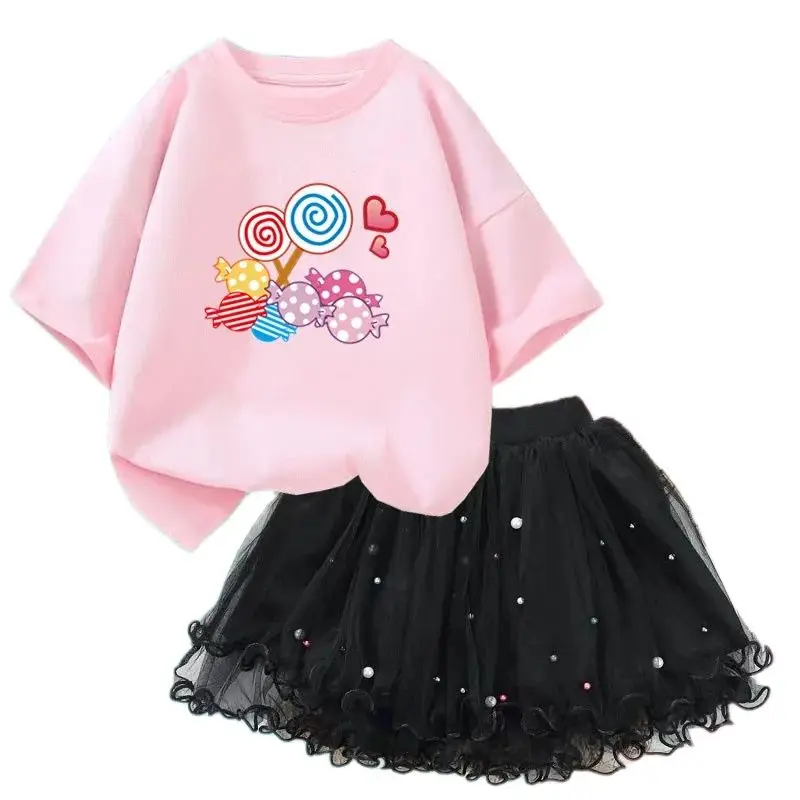 Girls Cute Clothing Sets 2024 New Summer Candy lollipop T-shirt+ Tutu Skirt 2Pcs Outfits For Kids Party Birthday Clothes