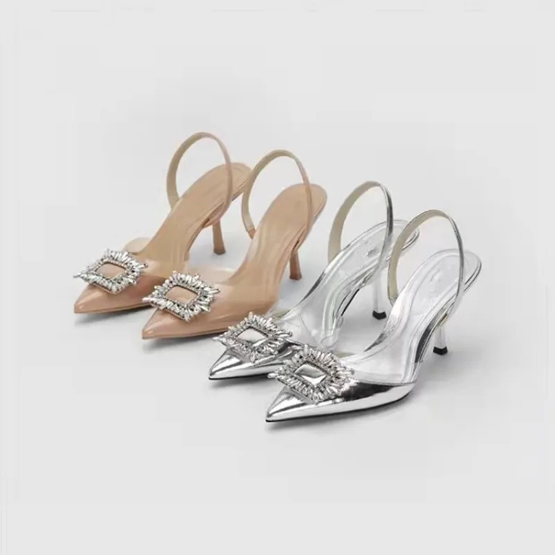 

New Fashion Pointed Toe Women Sandals New Arrivals Summer Rhinestone Dress Shoes Thin High Heels Elastic Band Ladies Party Shoes