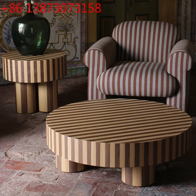 

Medieval solid wood round coffee table Nordic simple retro French round coffee table living room coffee table combination