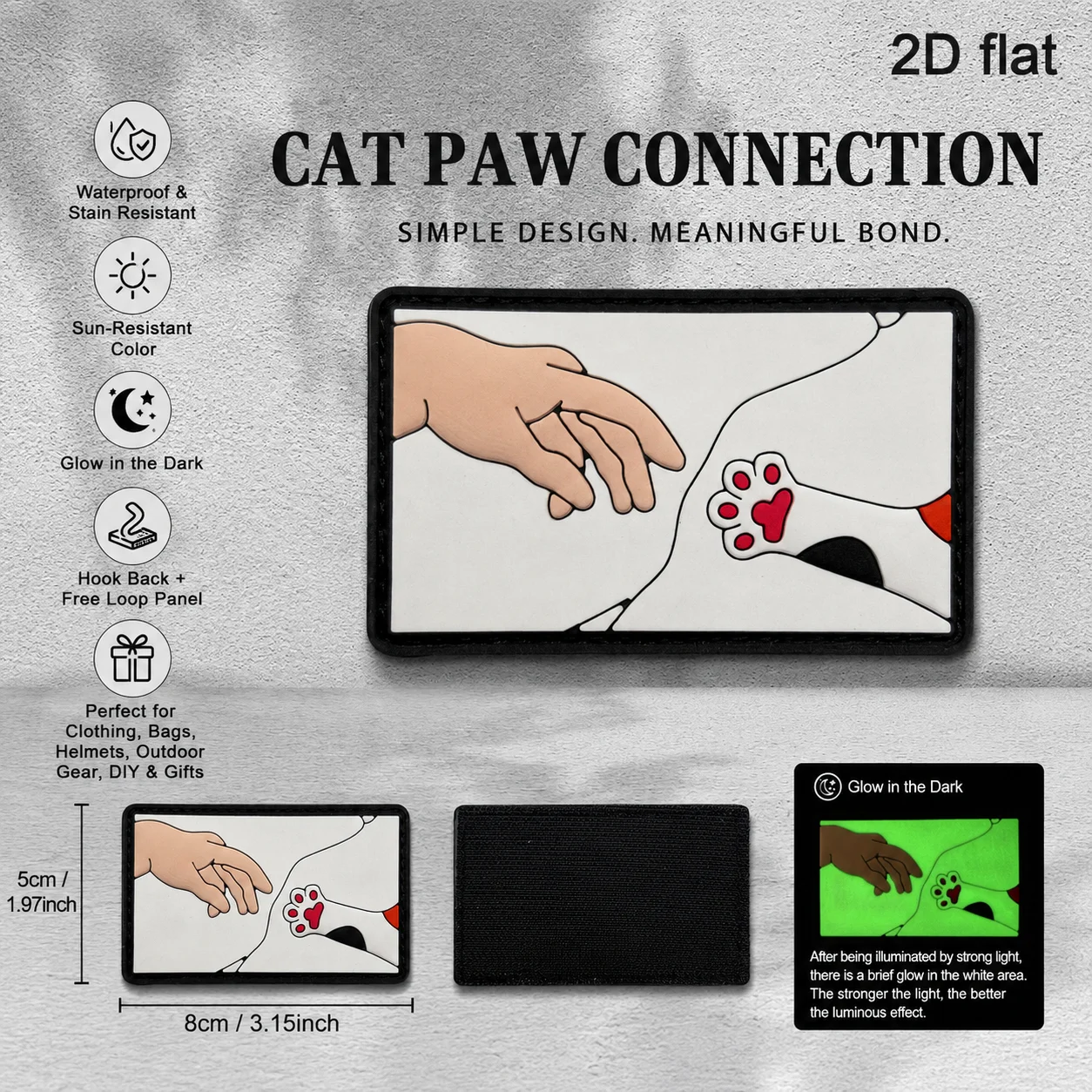 Creative Human-Animal Paw-Touching Design with Rectangular Black Border Outline, 2D Flat Pvc Material with Built-In Glow-In-The-Dark Effect, Magic Patch with Free Backing Fabric, Specifications Available in 1Pc/2Pcs/3Pcs, Exquisite Pattern Details, Flexible Material, Does Not Damage Fabric, Motorcycle Jacket, Workwear Jacket, Outerwear Arm Decoration Accessory