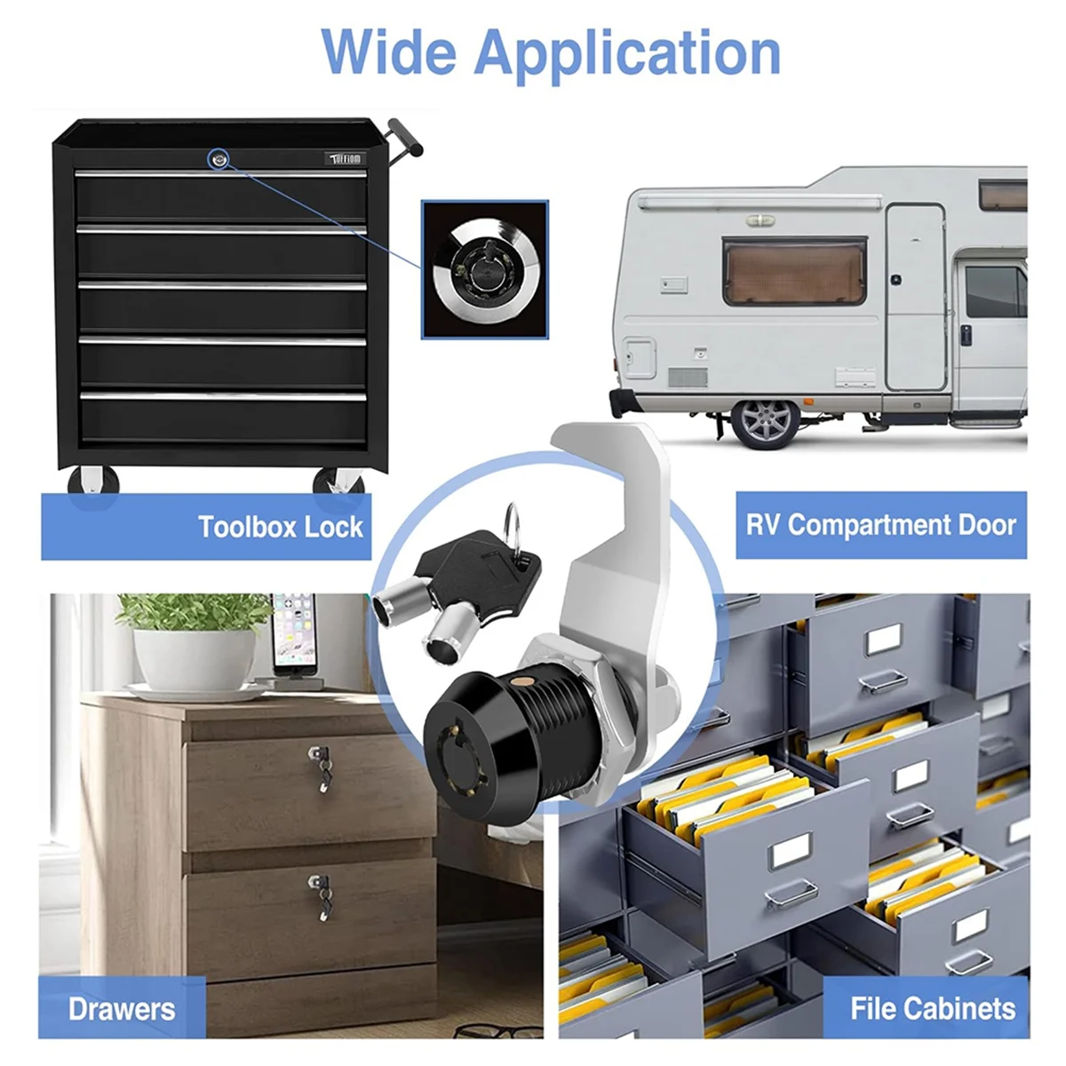 Black Tool Box Lock with Key,Same Key Cabinet Lock,Hook Cam,Tubular Cam Lock,Zinc Alloy,RV LOCK CM1917 CM1930 1-1/8-Inch