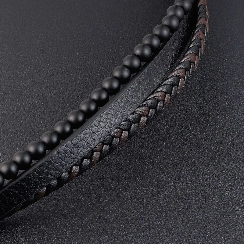 Men Classic Fashion High Quality Leather Bracelet Obsidian Beaded Multi Layer Leather Bracelet For Men Jewelry Gift image 5