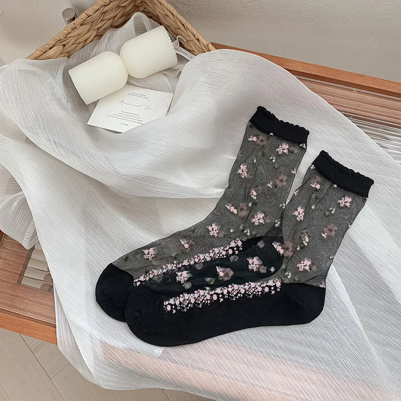 

Lace Sheer Mid-calf Socks With Cotton Soles,Fresh And Delicate Crystal Stockings