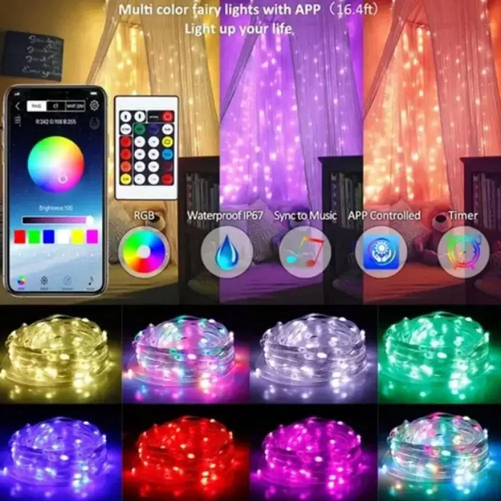 5/10/15/20m RGB fil de cuir coloré chaîne lumineuse intelligente Bluetooth contrôle LED chaîne lampe extérieure pour maison arbre de noël