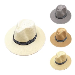 Męskie z szerokim rondem jazzowy kapelusz Retro modne czapki Chapeau przyjęcie weselne kapelusze Fedora Vintage Western Panama Travel Sunhat słomkowe Gorras