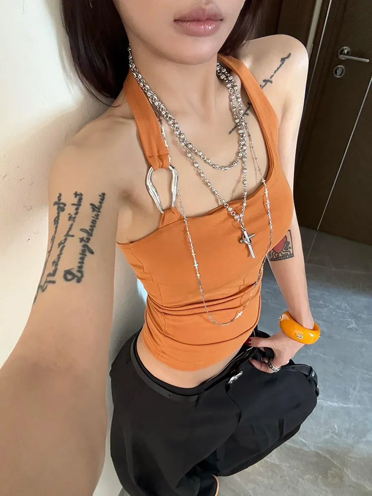 Women Orange Halter Camisole Top Vacation Style Vest Y2K Gyaru Crop Top Sleeveless Off Shoulder Corset Top For Women Summer 2025 view 3
