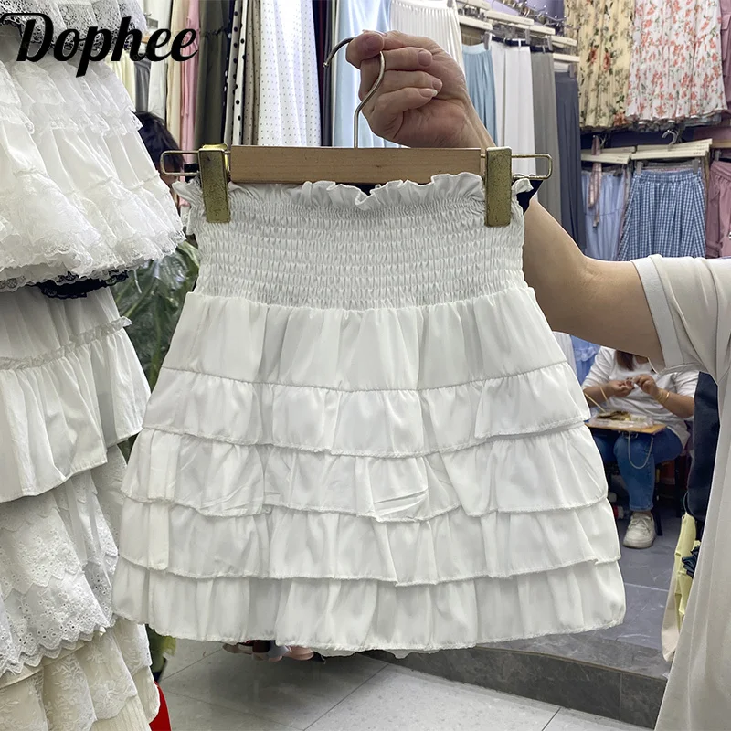 Dophee New Spring Summer All-match Short A-line Skirt Elegant High Waist Ruffles Cake Skirt Solid Color Women Mini Skirts White