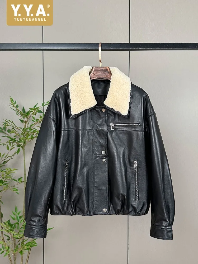 المرأة سترة جلدية حقيقية فضفاضة تناسب الشارع الشهير الشتاء مبطن بطانة الدافئة صوف الضأن طوق Vintage فاسق دراجة نارية معطف قصير