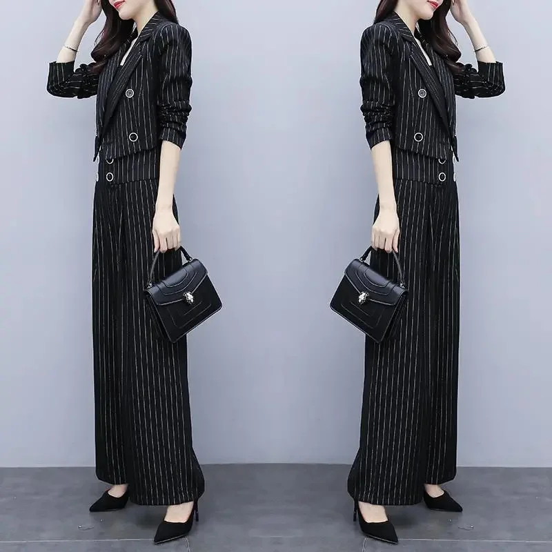 Spring Autumn Two piece set Women\'s New Slim Temperament Korean version Fashion Suit Striped Short Jacket Wide leg pants Female