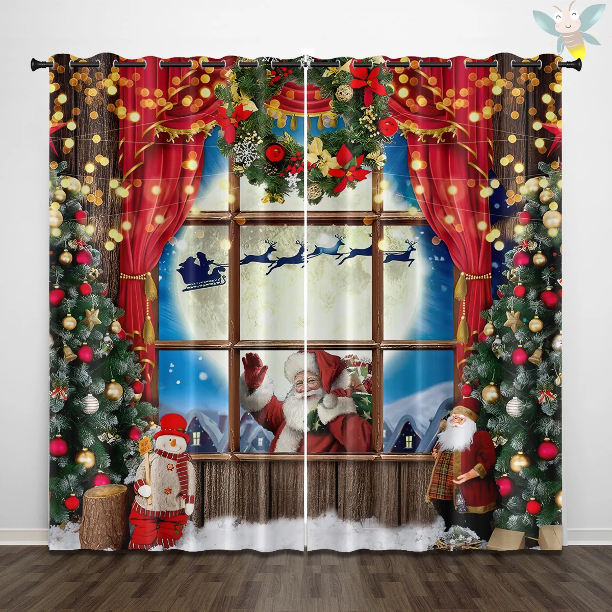 

2 Pcs Christmas Themed Perforated Curtains for Celebration, Shading and Insulation, Living Room, Holiday Style Decoration