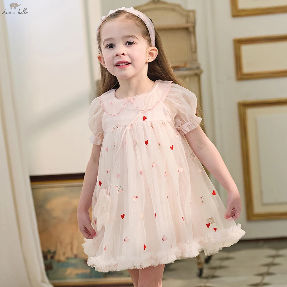 Dave Bella Children Princess Mesh Dress Embroidery Girls Summer Short Sleeve Dress Kids Sweet Outdoor Party Clothes DB2262332