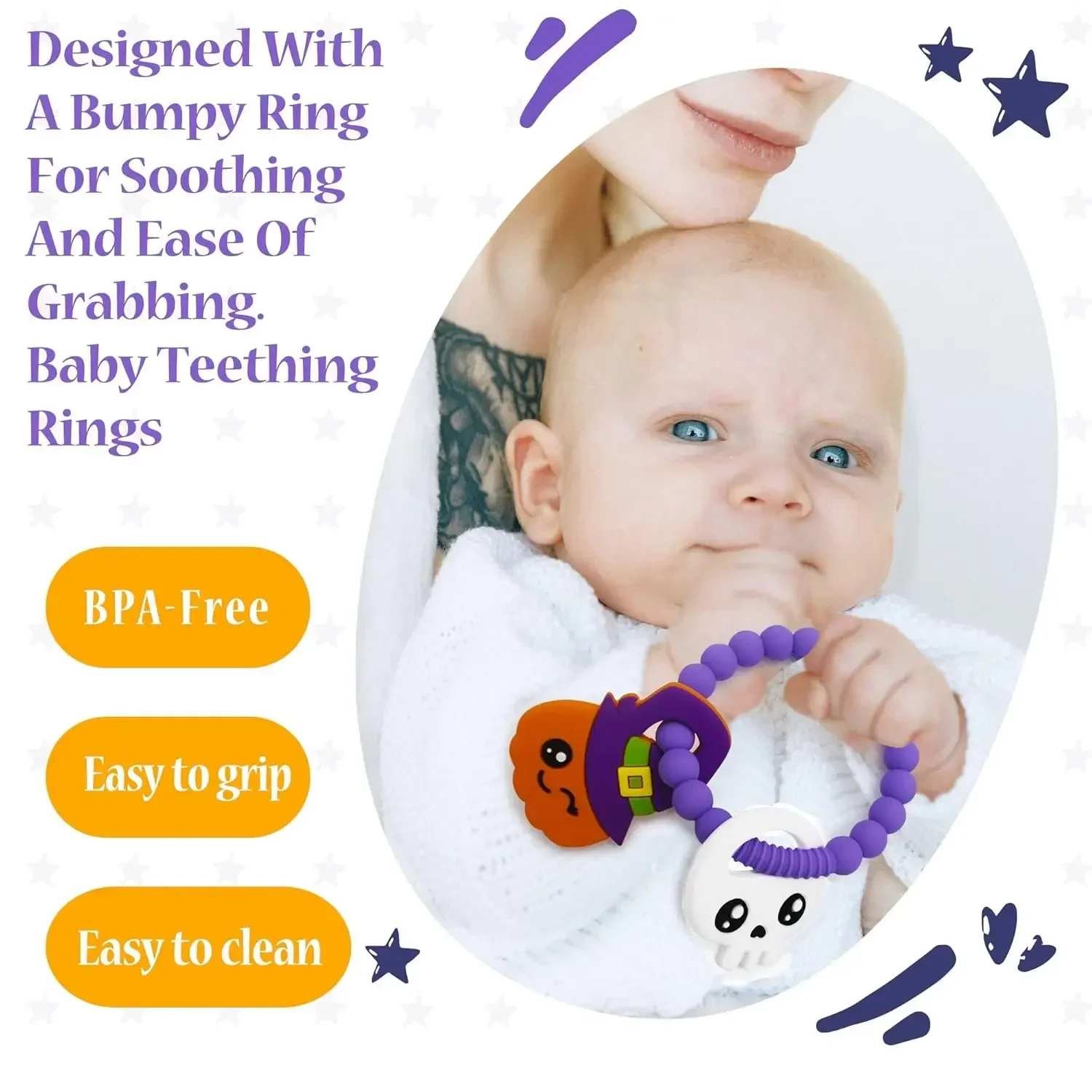 1/2 Pcs Big Pumpkin Teether Cute Elf Ghouls Ring Teether Silicone Baby Teether Halloween Teether Halloween Gift for Infant