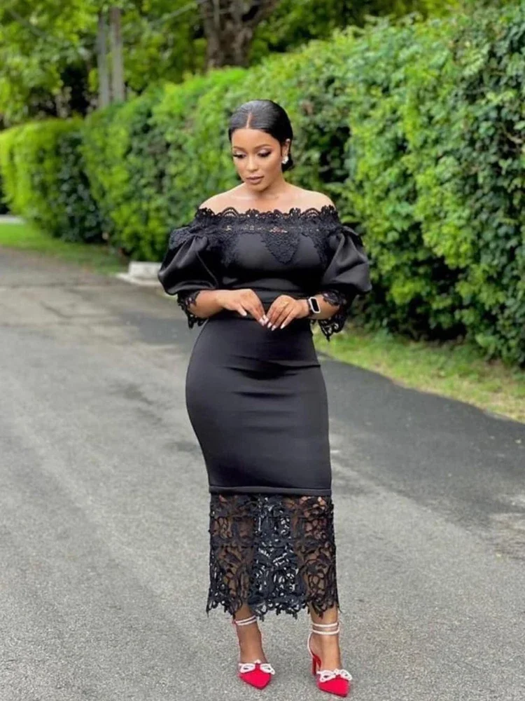 Elegant African Women\'s Tight Lace Bubble Sleeve Off Shoulder Sexy Mid Waist Dress Wedding Graduation Party Sisters Gown