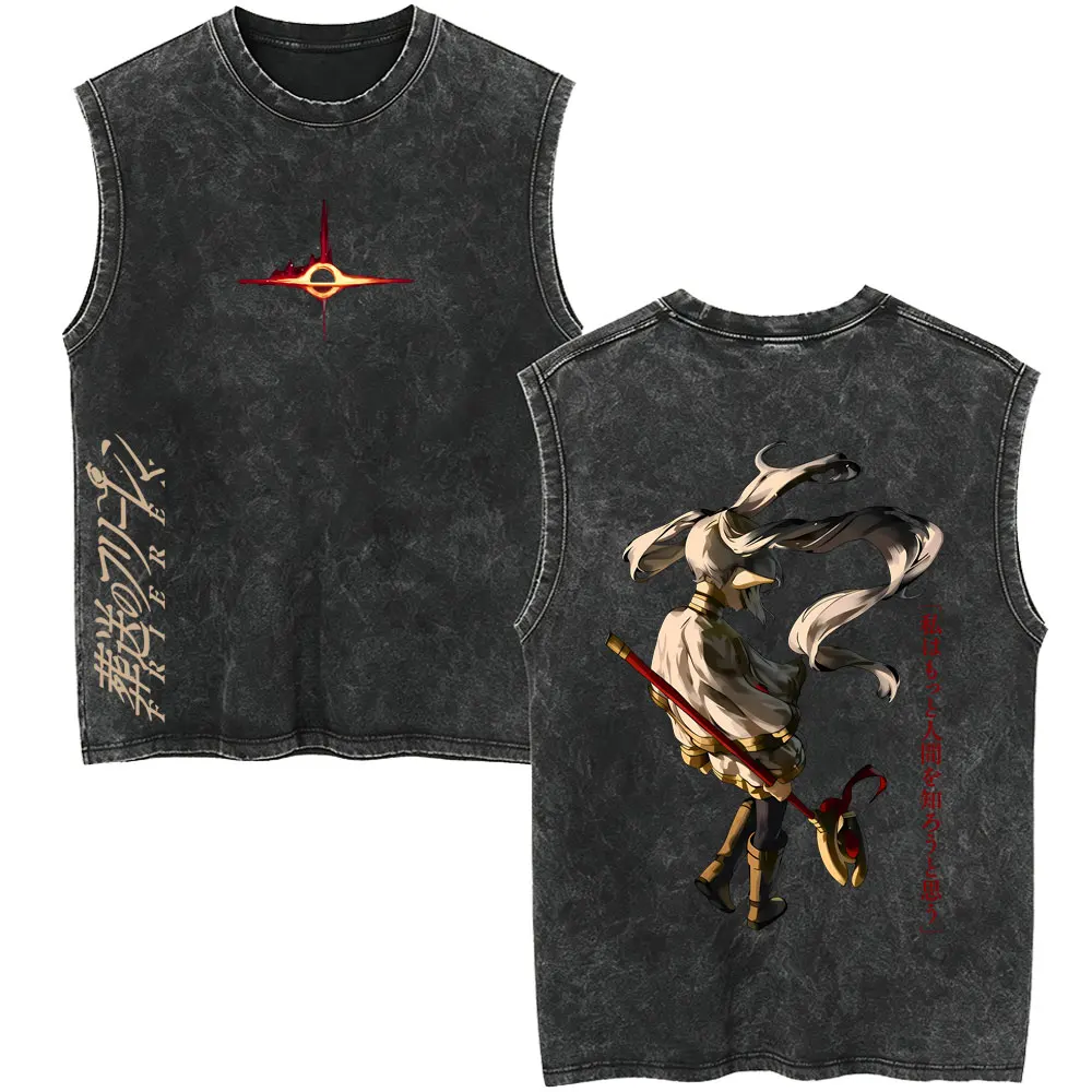 Anime Frieren: Beyond Journey's End Frieren Vintage Washed Tank Tops Men Women High Quality Cartoon Manga Sleeveless Vest Tshirt
