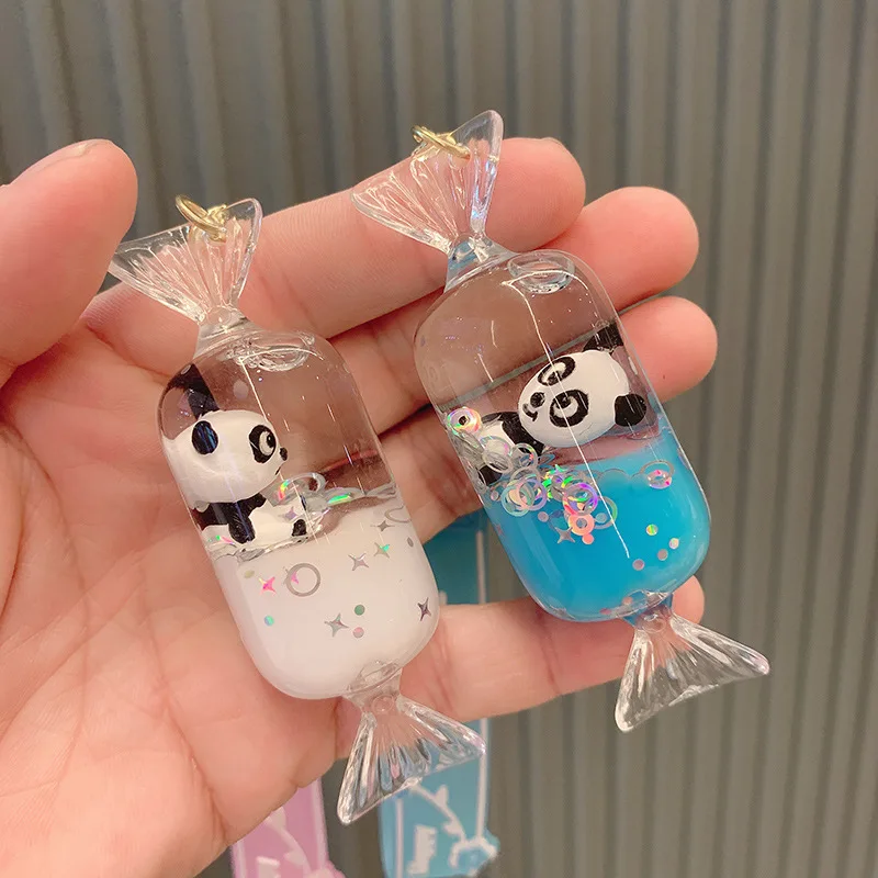 Creative Candy Bottle Moving Panda Liquid Key Chain Keyring Floating Quicksand Hollow Ball Sequins Pearl Keychain Girl Bag Charm