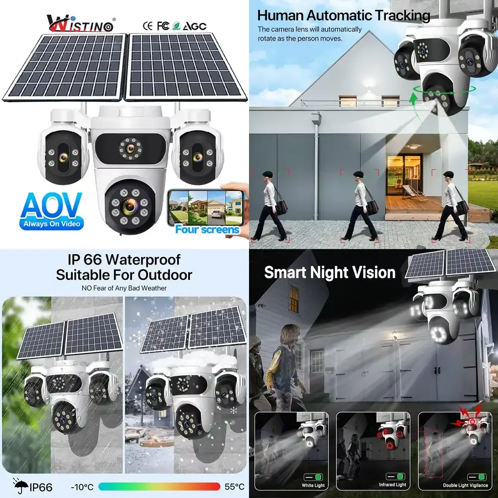 

4G IP Outdoor Security Camera for 4 Lenses HD 16MP PIR Human Detection Solar Powered Battery CCTV with Built-in Siren