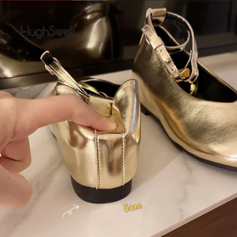 Luxury Gold Buckle Leather Ballet Flats Woman Elegant Brand Design Ankle Strap Ballerina Shoes Ladies Height Inside Punk Zapatos