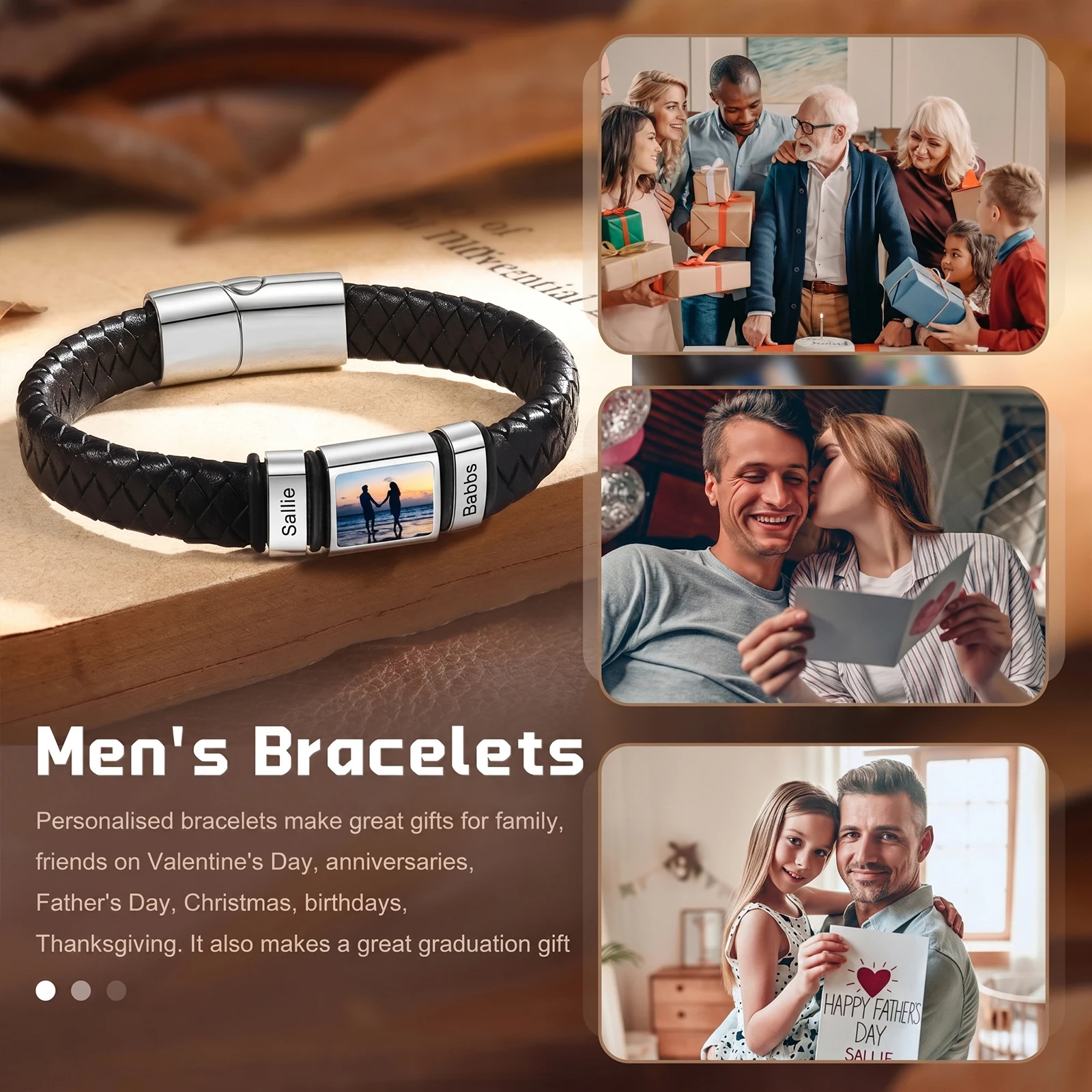 Personalized Picture Bracelet Custom Name Text Leather Bangle Couple Matching Memory Photo Jewelry Anniversary Gift For Him
