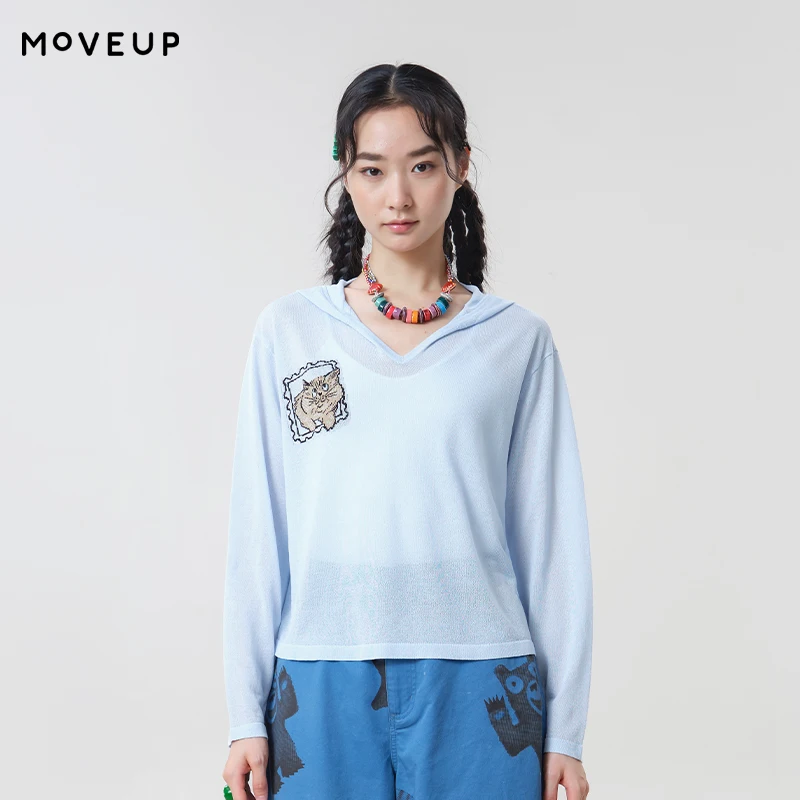 

MOVEUP Casual Loose V-Neck Hoodie 2026 Summer Fun Cat Embroidery Breathable Lightweight Office Pullover Top For Women 3ELX31604