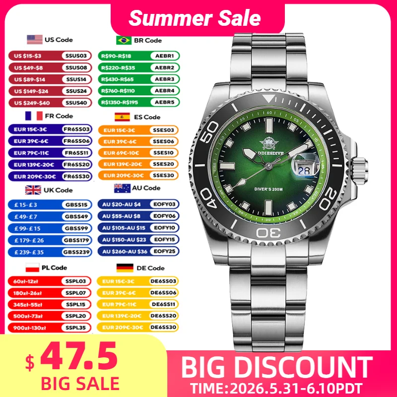 

ADDIESDIVE Men's Diving Quartz Watches 41mm 200m Waterproof Ceramic Bezel Wristwatch 316L Stainless Steel BGW9 Super Luminous