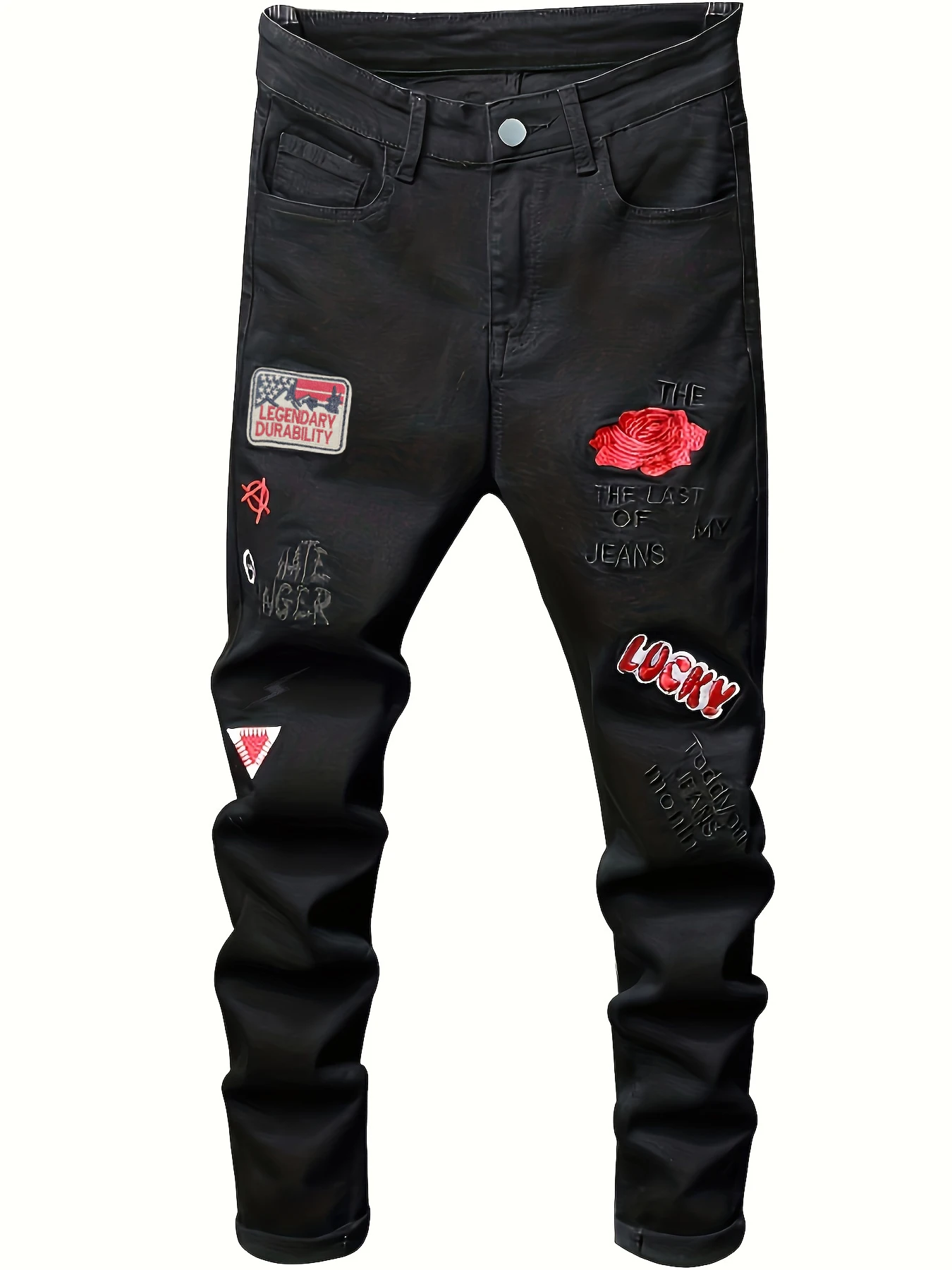 Calça jeans masculina slim fit bordada elástica com perna reta