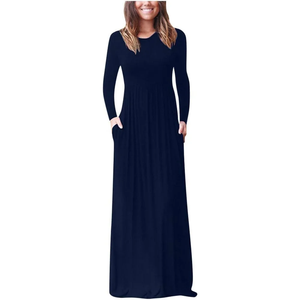 2023 Autumn And Winter New Amazon Cross-Border Goods Round Neck Long Sleeved Solid Color Casual Pocket Dress Floor Length Skirt