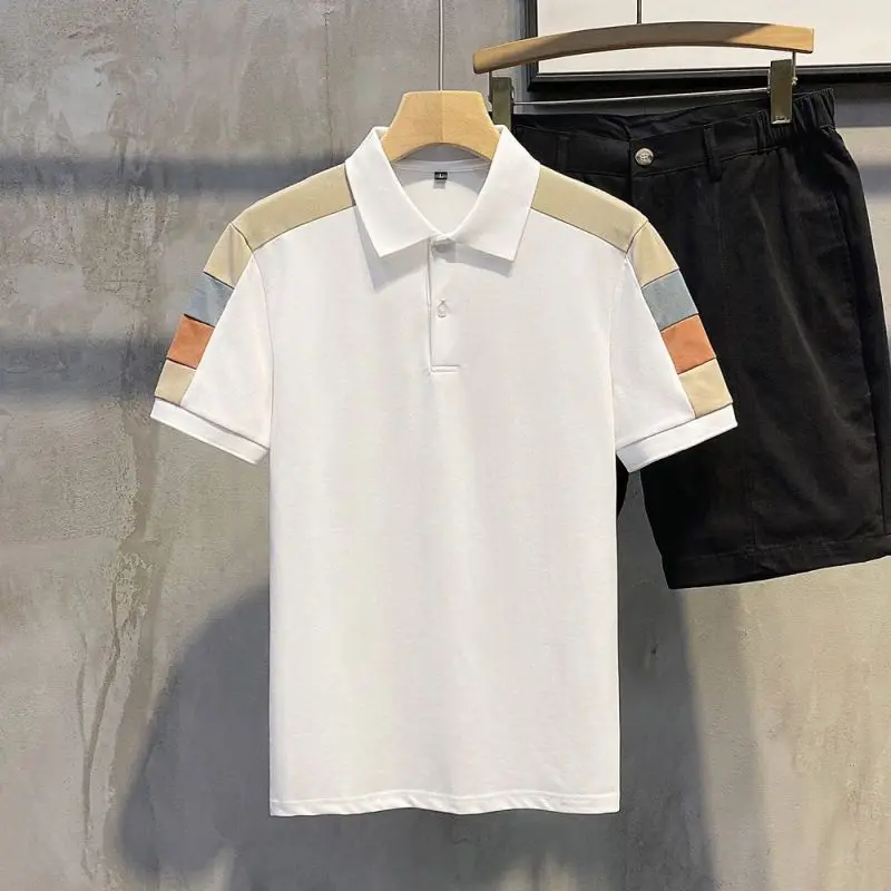 Summer Fashionable Business Casual Minimalist Loose Patchwork Color Lapel Color Blocking Versatile Short Sleeved POLO Shirt