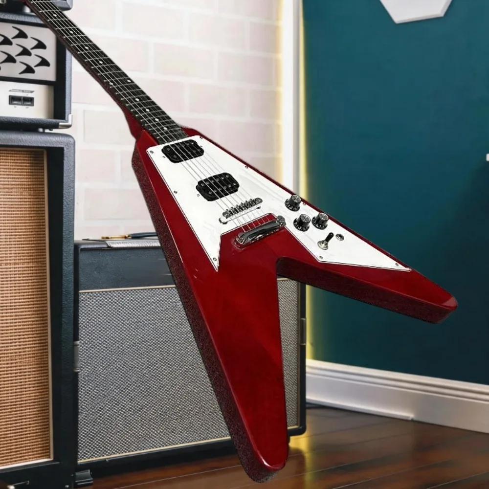 Red Flying V Electric Guitar White Pickguard HH Humbucker Pickups Chrome Hardware Heavy Metal V Shape Guitar