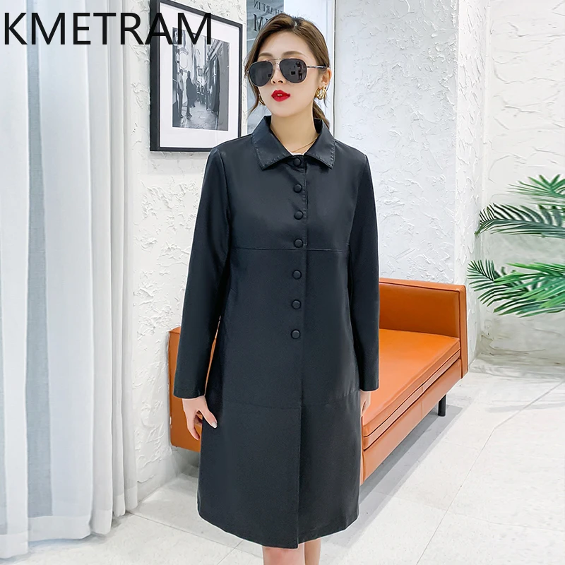 KMETRAM-jaqueta de couro de carneiro genuína para mulheres, trench coat meio longo, slim fit, roupas femininas, primavera, outono, 2024