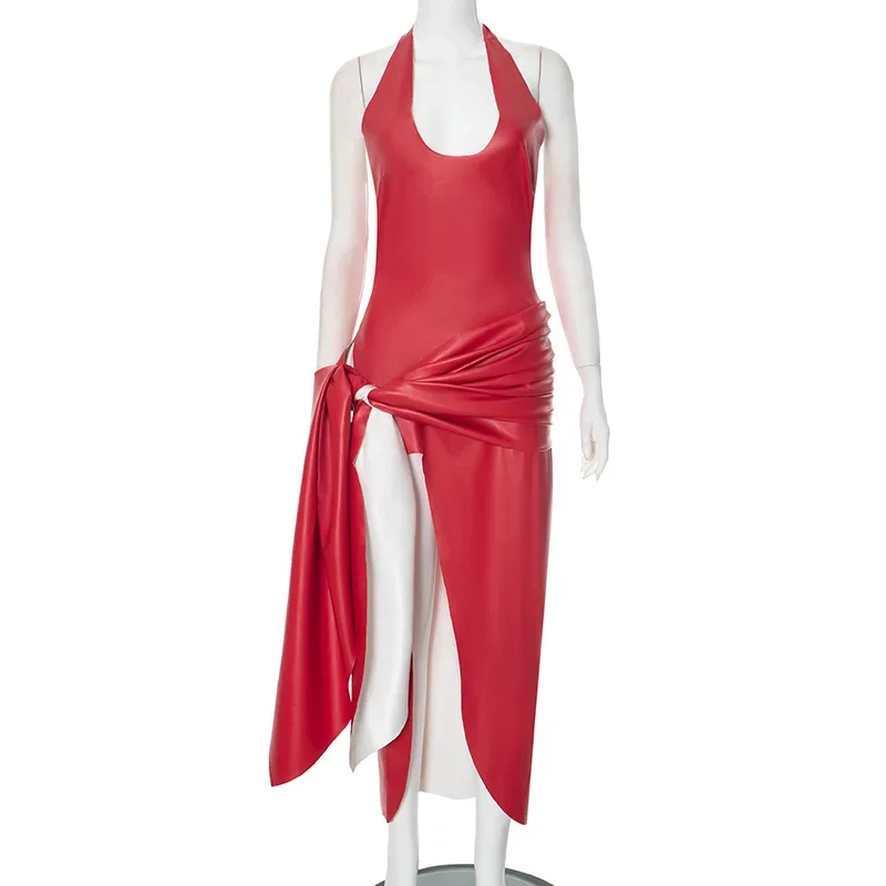 Renda até fita de couro do plutônio irregular maxi vestido feminino sexy com decote em v rendas até halter sem costas ruched festa clubwear roupões streetwear