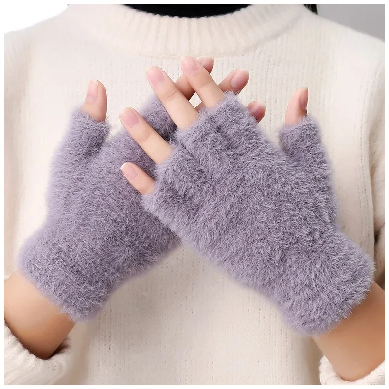 Half Finger Gloves for Women Men Winter Driving Outdoor Sports Imitation Mink Cashmere Touch Screen Writing Woolen Warm Mittens