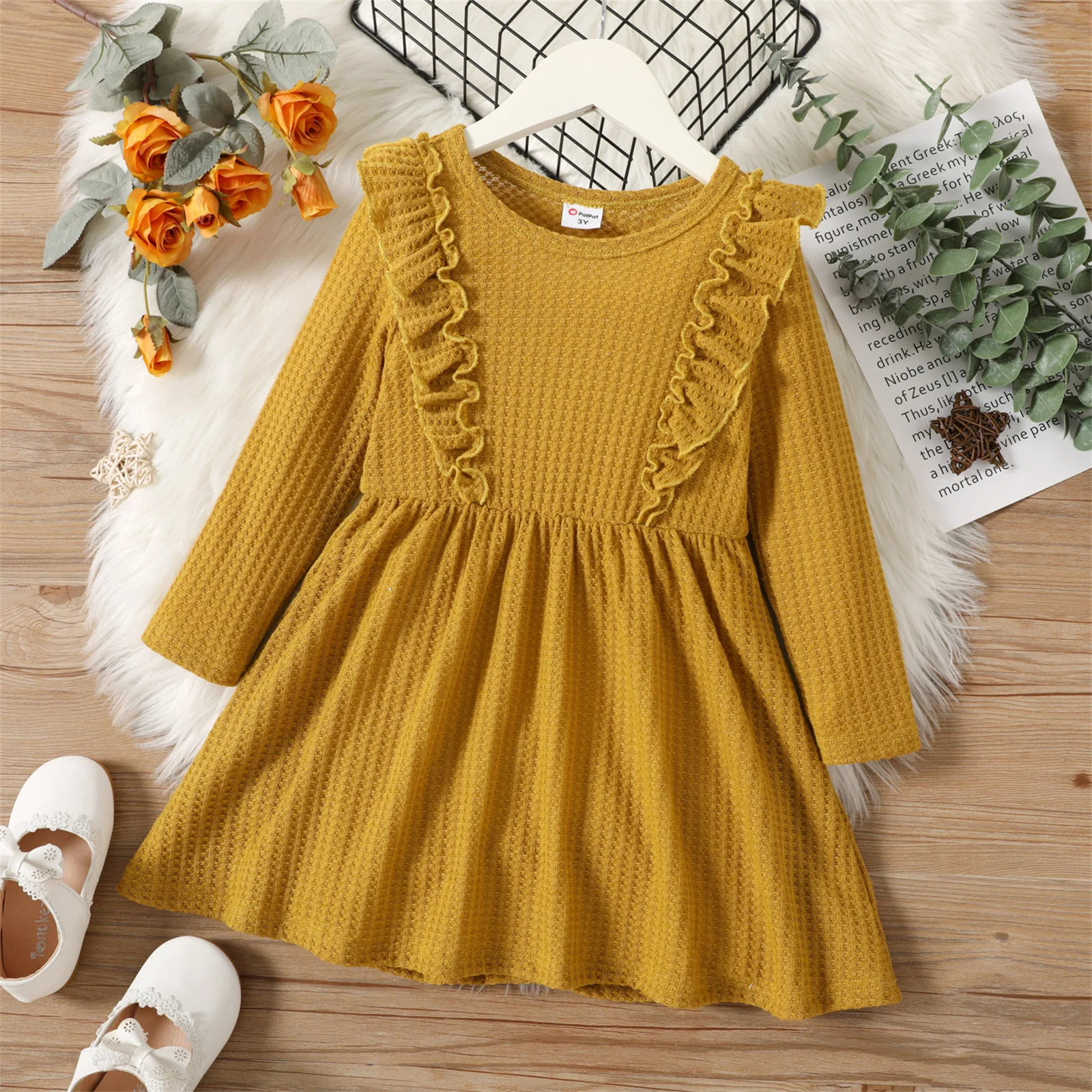 PatPat Toddler Girl Dresses Kids Dresses for Girls Solid Ruffle Decor Long-sleeve Ginger or Brown Dress Toddler Girl Clothes