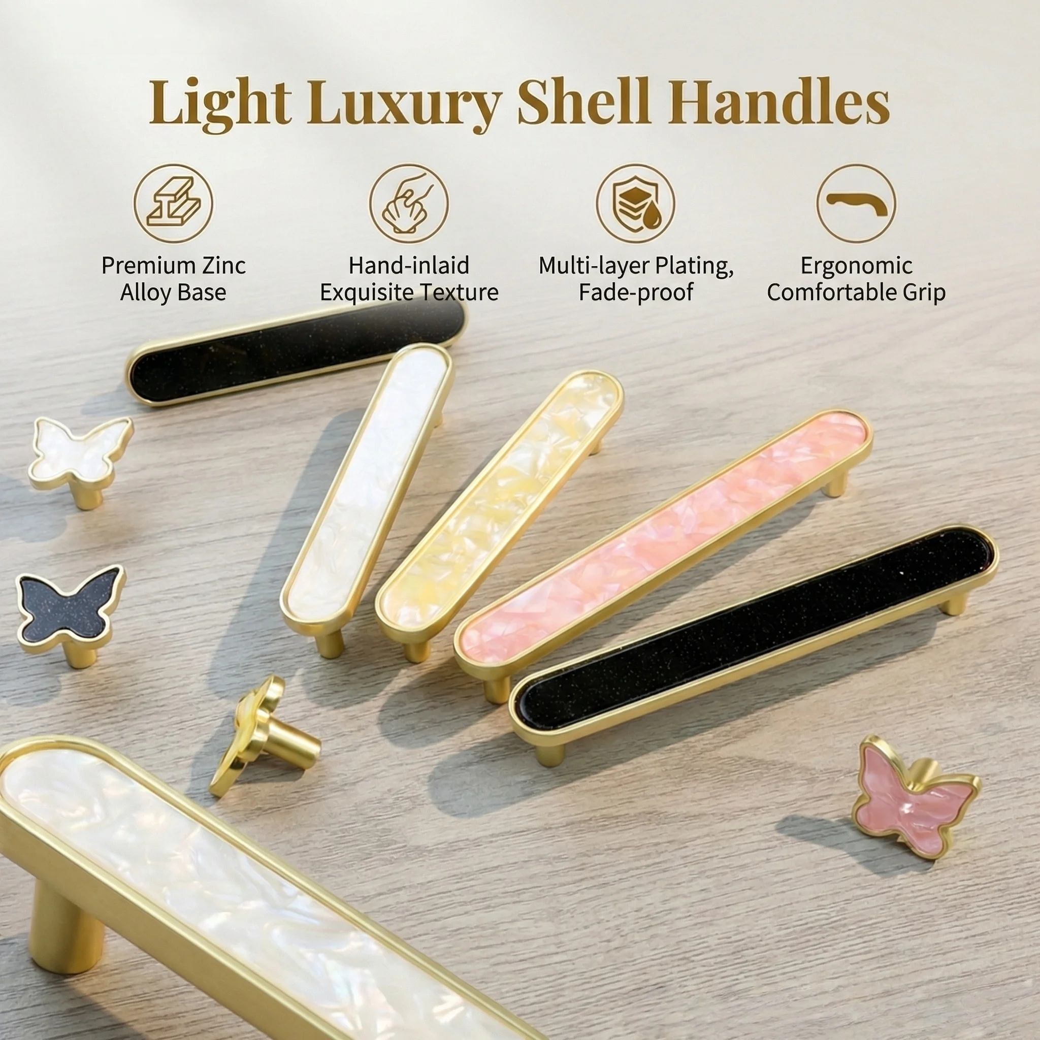 2pcs Luxury Shell Cabinet Handle Zinc Alloy T Bar Furniture Pulls Butterfly Knob Dresser Drawer Kids Wardrobe Door Hardware