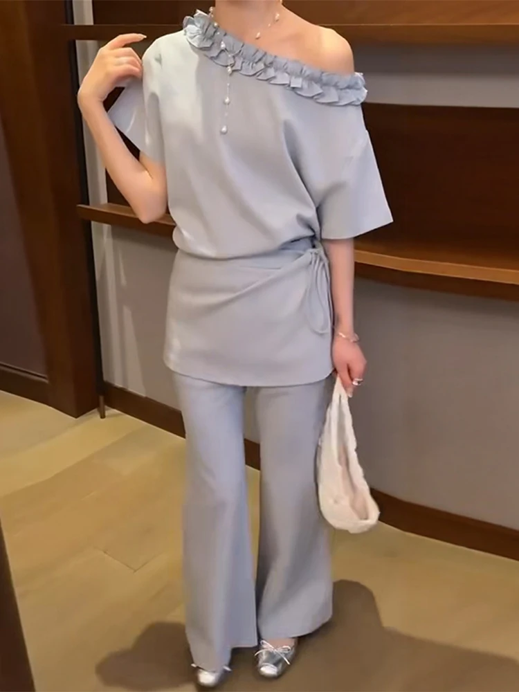 

Summer Fashion Set Women's High Waist Bell Bottoms Shoulder Bared T-Shirt Three Piece Suit Polyester Fiber Short Sleeve Long ...