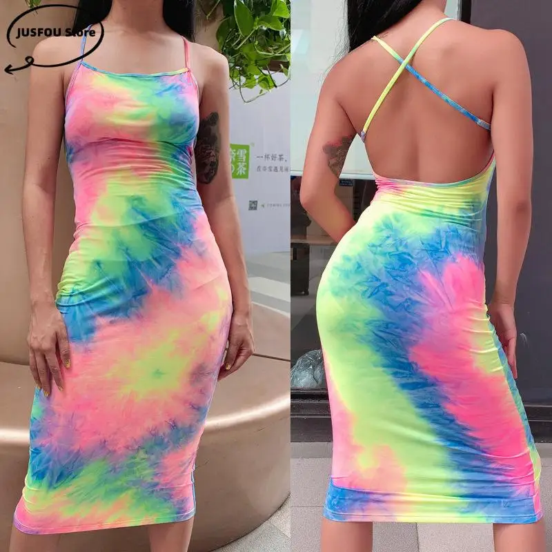 เซ็กซี่2022ฤดูร้อนผู้หญิง Mixi ชุด Slip Backless Bodycon Tie Dye Elegant Robe แฟชั่นสูงเอว Slim Party หญิงชุด