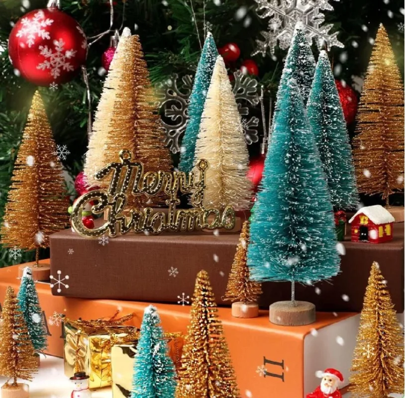 9/18PCS Mini Christmas Tree Sisal Silk Cedar Xmas Tree Miniature Gold Green White Artificial Christmas Tree Craft Tabletop Decor