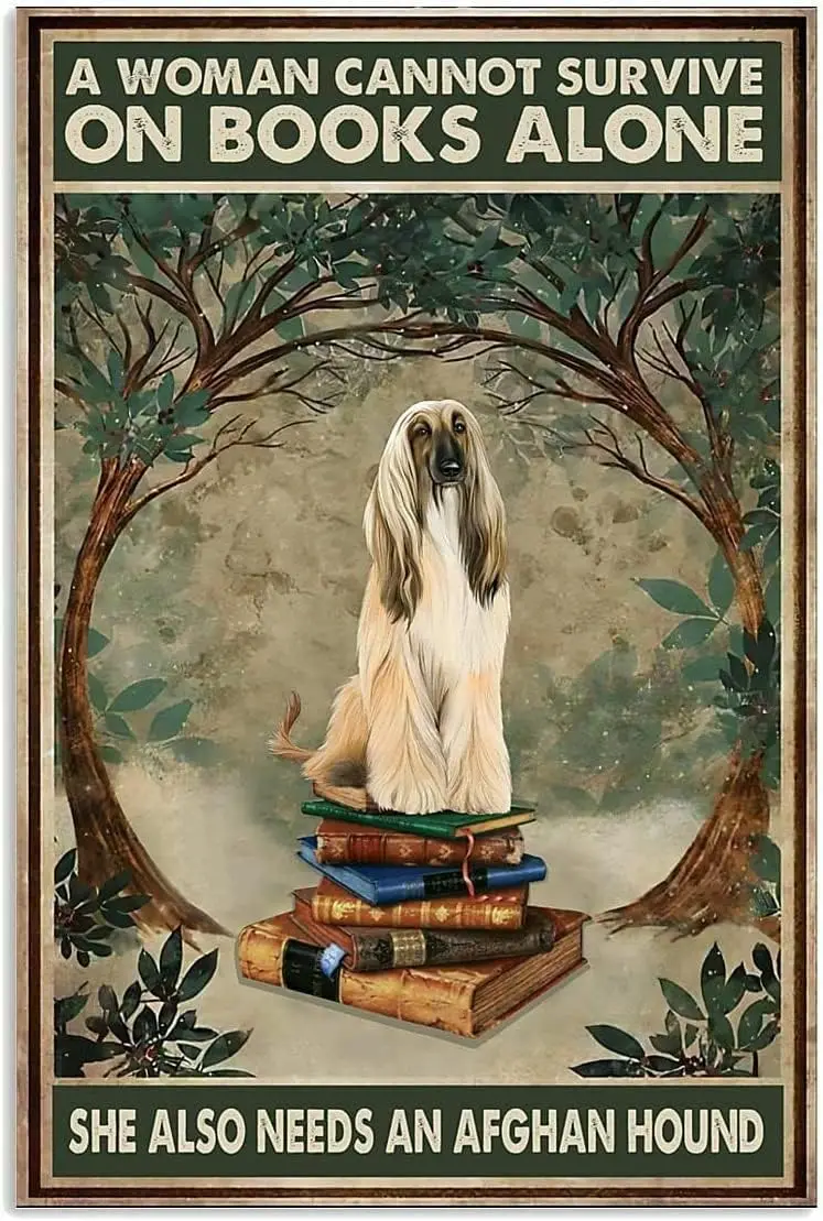 Metal tin Sign Woman Love Afghan Hound Dog and Book Metal Tin Sign Wall Decor Tin Signs Fun Novelty Sign Farmhouse Decor Gifts f