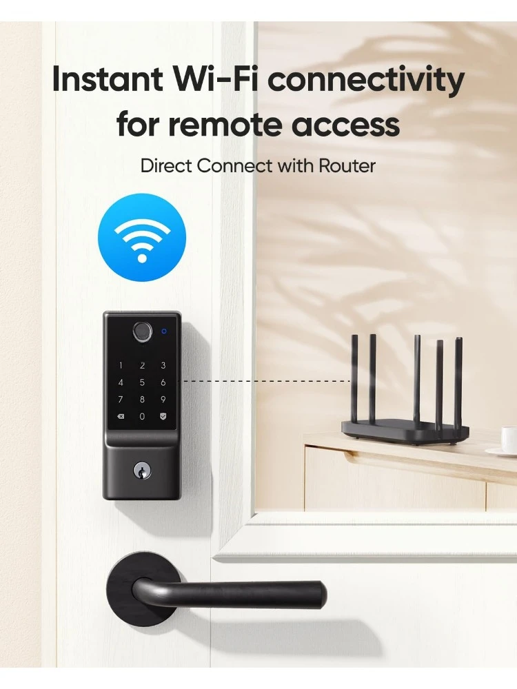 Serrure intelligente de sécurité C220, serrure de porte d'entrée sans clé à empreinte digitale, Wi-Fi intégré, télécommande d'application, serrure intelligente à pêne dormant pour porte d'entrée