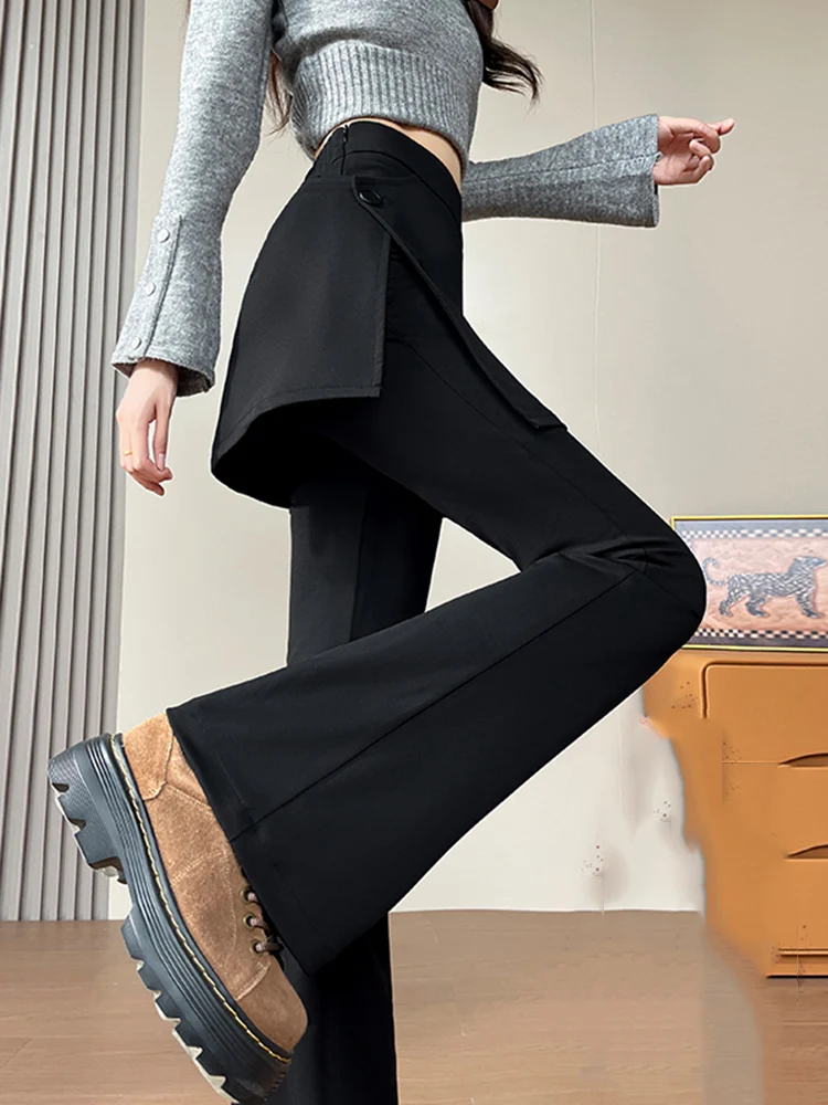 黒のフェイクツーピース風カーテンパンツ、ワイドレッグ、ハイウエスト、スリムフィット、スーツパンツ、カジュアル、フロアモッピング、マイクロフレアパンツ