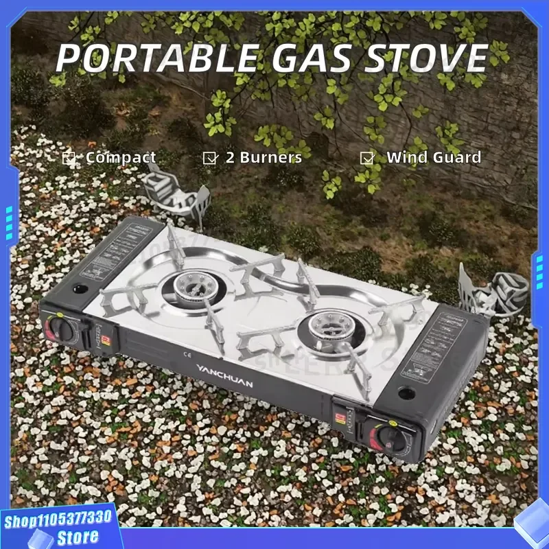 Portable Foldable Double Burner Gas Stove Manual Butane Camping Picnic Outdoor Cooking Simple Design Lightweight Compact