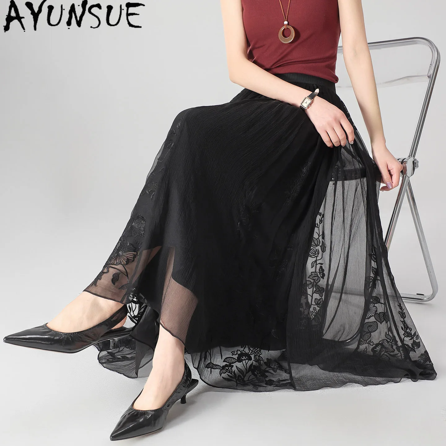 AYUNSUE 100% Mulberry Silk Long Skirts for Women Versatile Black Skirt Embroidered Lace Ladies Summer Skirts 2026 Юбка Женская