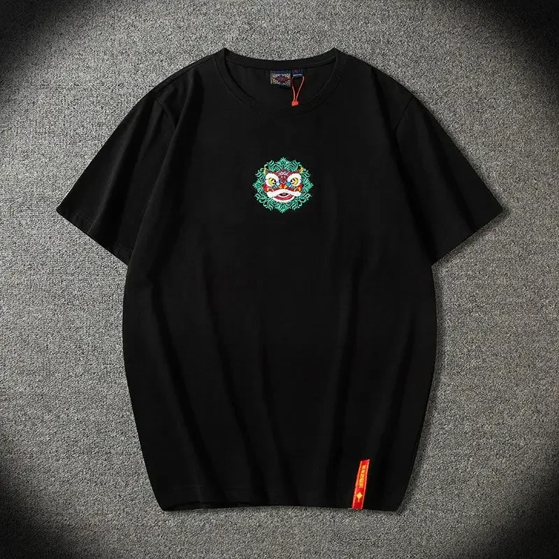 Lyprerazy Chinese Wake Lion Embroidered Short-sleeved T-shirt Men's Summer National Tide Cotton T Shirt