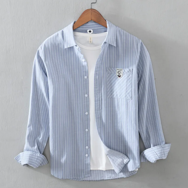 Spring Male Trendy Handsome Fashion Casual Long Sleeve Shirt with Vertical Stripe Design, Rascal Handsome Long Sleeve Shirt