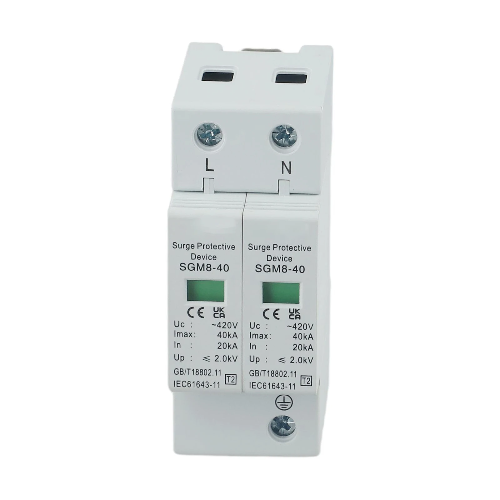2P Unit with 420VAC Voltage Rating 20KA Nominal Discharge Current and 40KA Maximum Discharge Capacity for DIN Rail Mounting